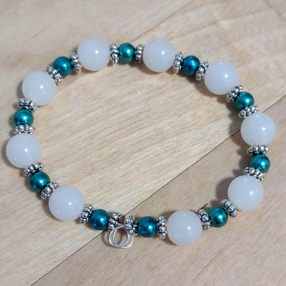 Handmade White and Teal Beaded Memory Wire Bracelet - One Size Fits Most